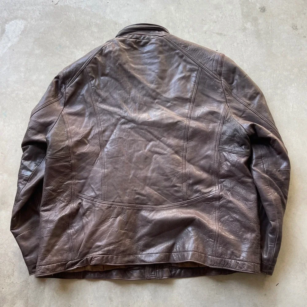 Marc New York Andrew Marc Brown Leather Cafe Racer Jacket XXL Moto Biker Quilted